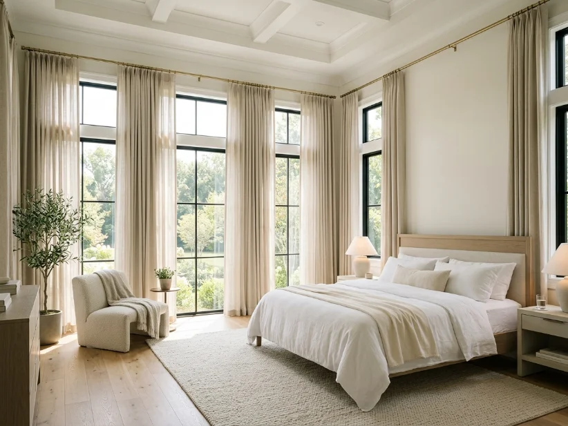Floor-length linen curtains creating a taller luxury bedroom look.