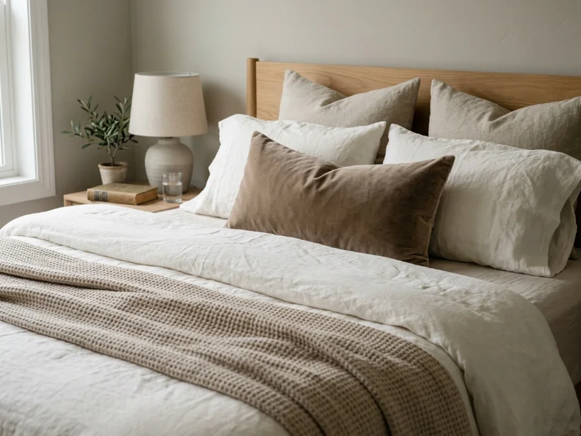 Linen bedding with layered textures for a romantic bedroom.