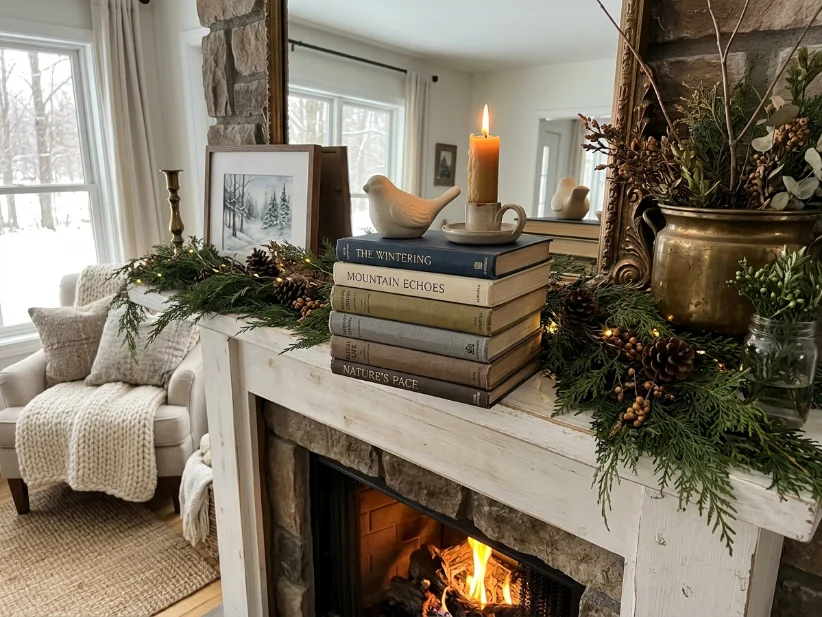 Stacked books adding height to winter mantel décor.
