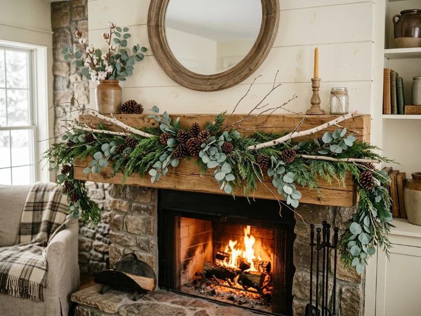 Winter mantel with eucalyptus, pine cones, and birch branches.