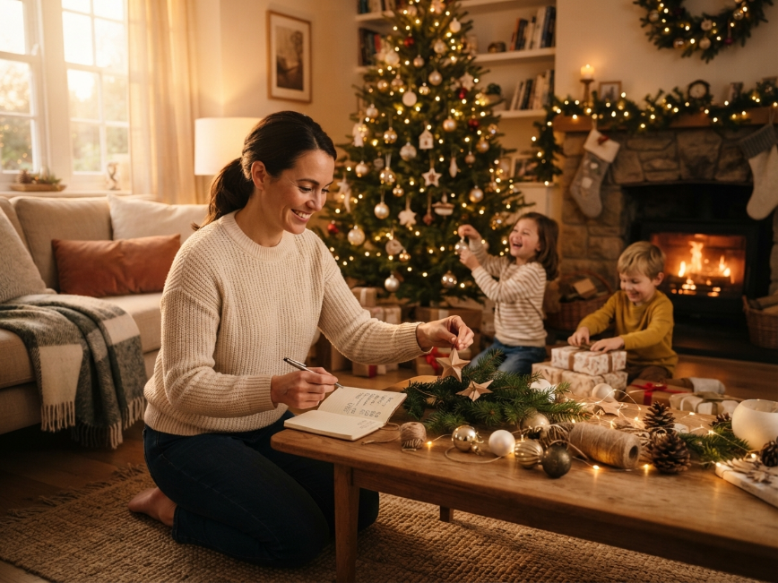 Woman decorating her home for Christmas using affordable DIY holiday decorations.