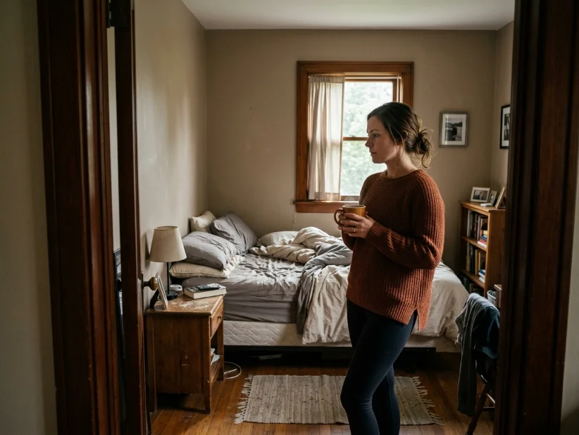 Woman realizing her small bedroom feels dark and cramped before adding a large mirror.