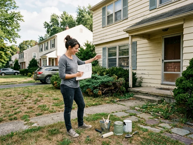 Homeowner planning a budget-friendly exterior makeover for better curb appeal.