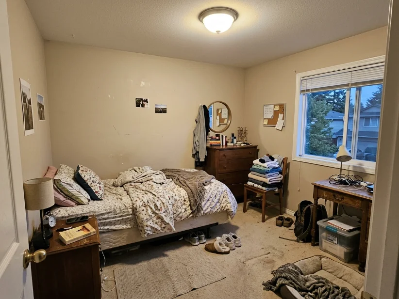 Small bedroom before a cozy romantic decor makeover.