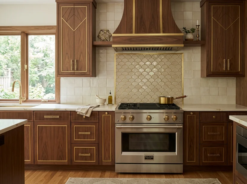 Fan-shaped scalloped tile backsplash behind a kitchen stove