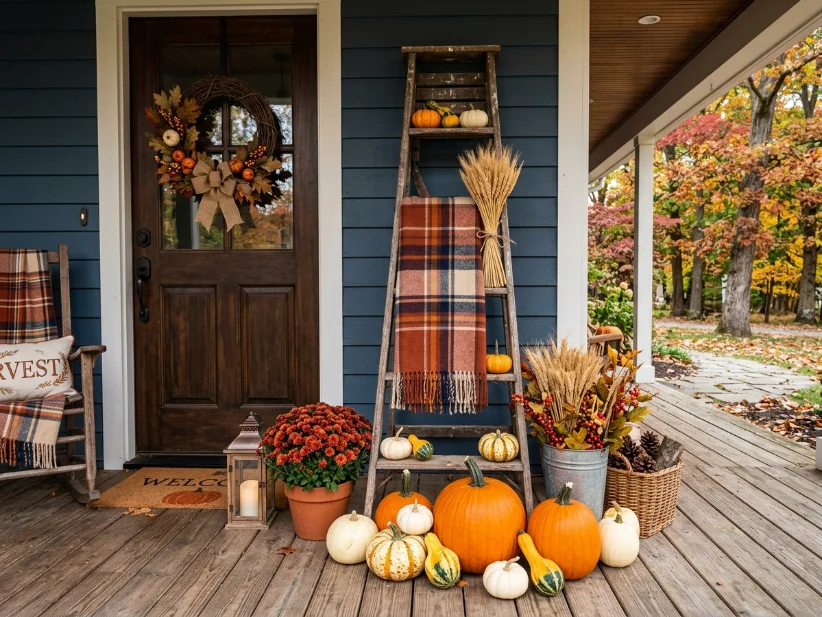 Wooden ladder adding height to a fall porch display.