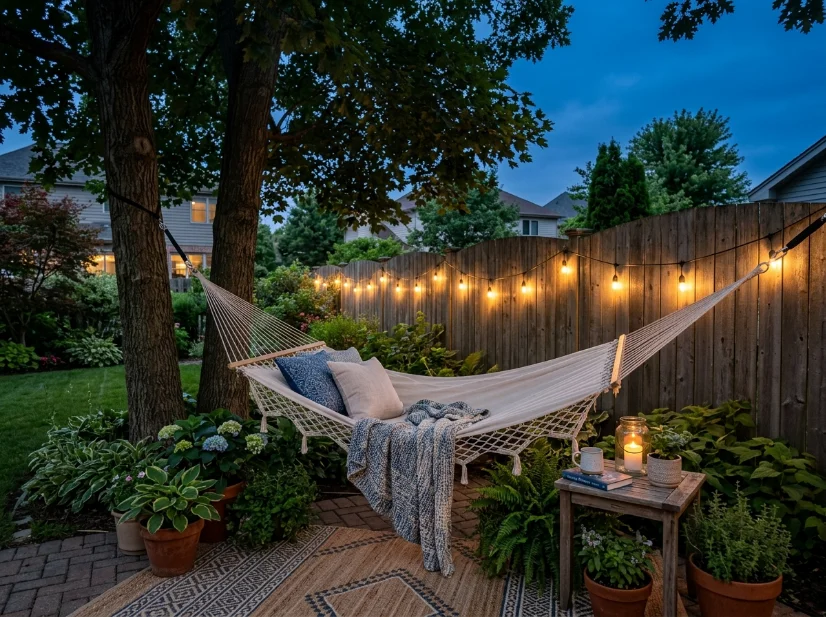 Hammock corner illuminated with warm solar string lights
