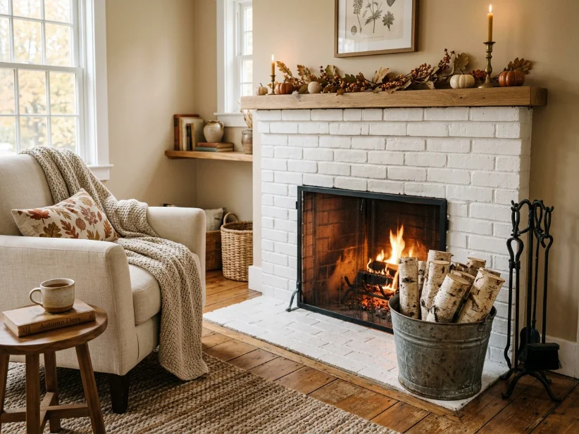 Birch logs in a galvanized bucket adding natural wood texture to fall decor.