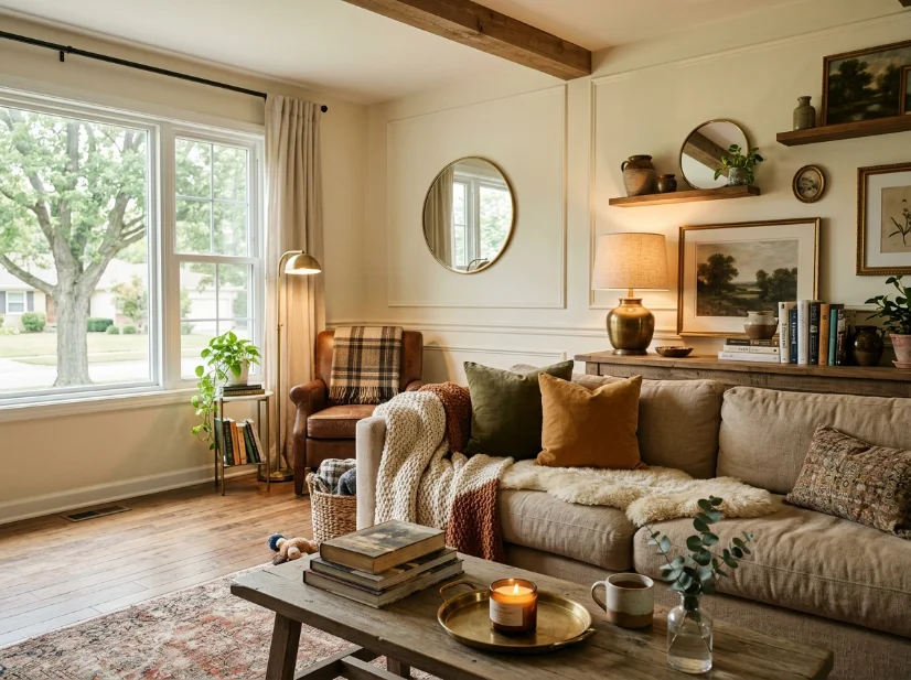 Affordable lived-in luxury living room with warm lighting and layered decor