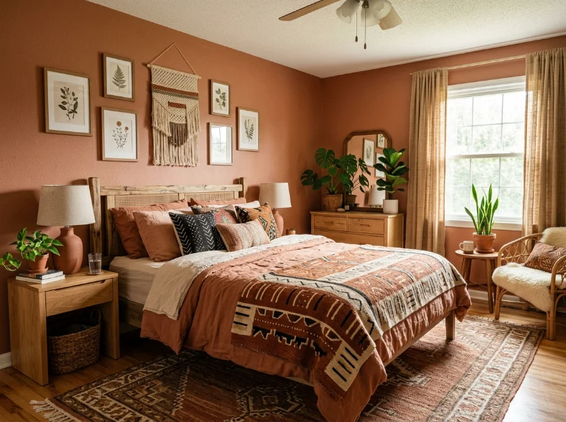Afrobohemian bedroom with warm earthy colors, woven textures, and natural decor