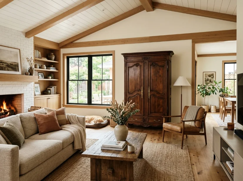 Antique furniture styled with modern decor in a cozy farmhouse living room