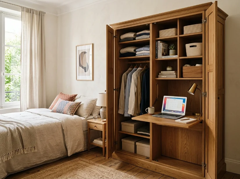 Armoire with fold-out desk combining storage and workspace