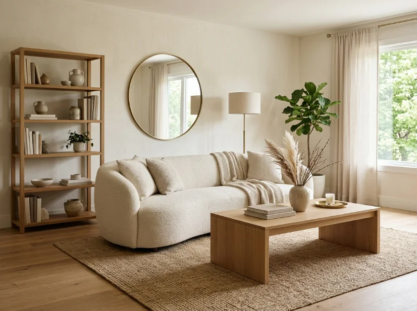 Curved sofa balanced with rectangular furniture and a square jute rug