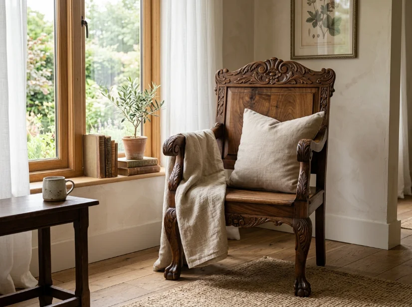 Ornate antique chair balanced with simple neutral textiles