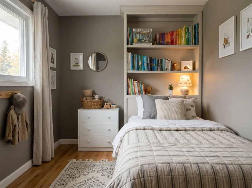 Bed with built-in bookshelf headboard in a small child's bedroom