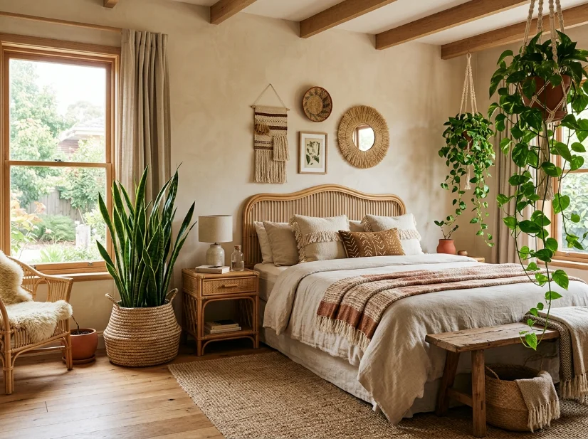 Snake plant and pothos in woven baskets inside an afrobohemian bedroom