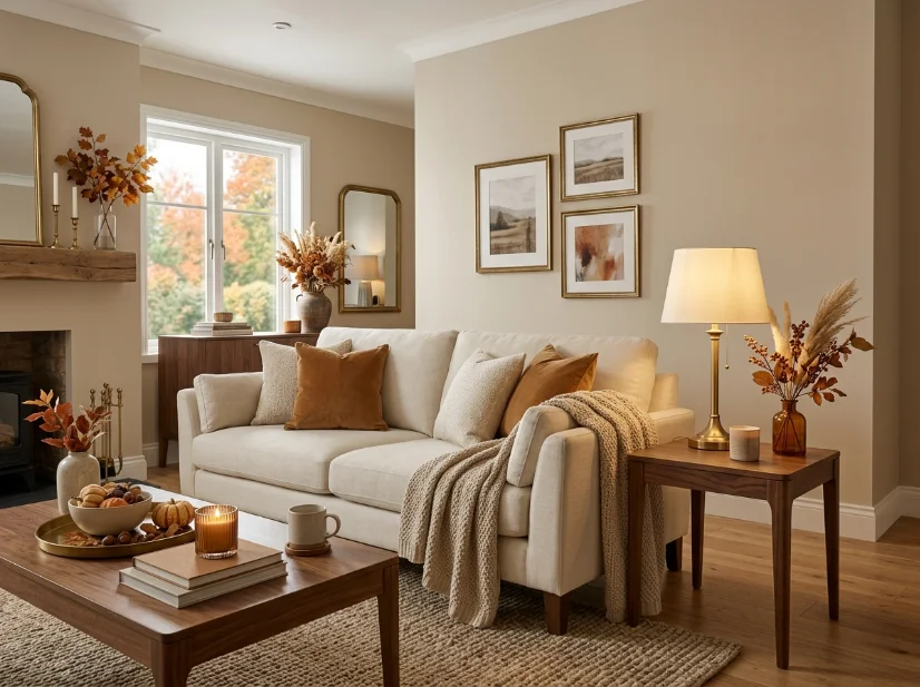 Brass accents and caramel decor in a neutral fall living room