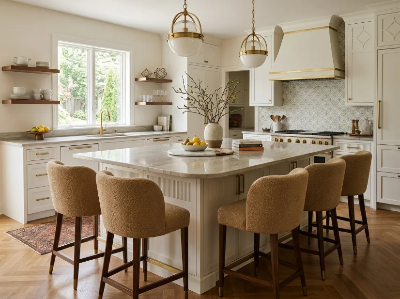 Curved counter stools soften a modern Art Deco kitchen
