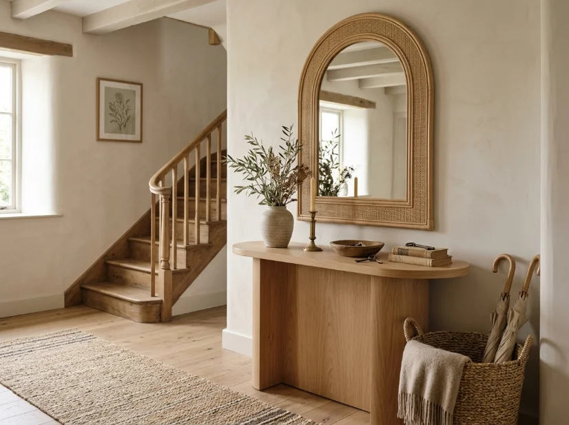 Modern cottage entryway with an arched rattan mirror and curved decor