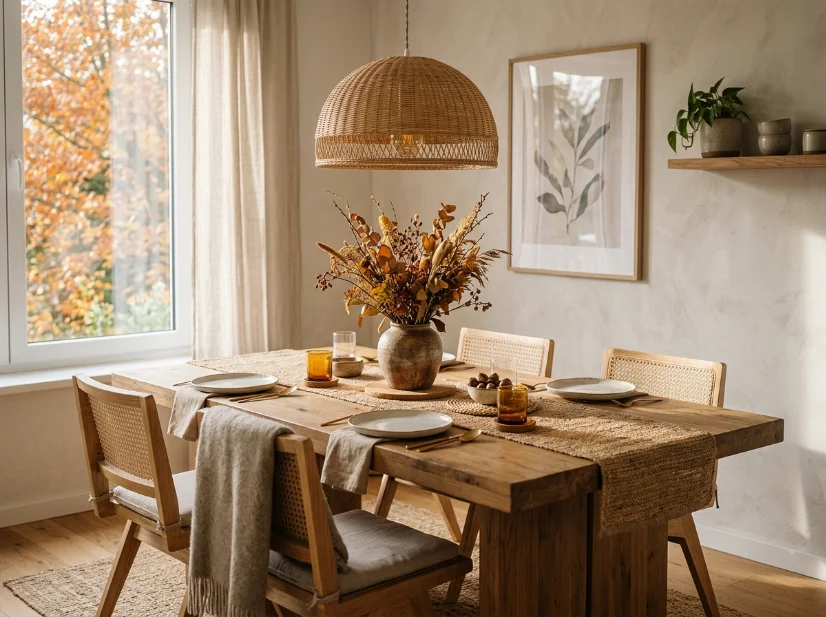 Cozy fall dining area with a rattan pendant light and natural materials