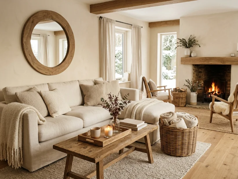 Cozy living room decorated with warm wood and rattan accents.