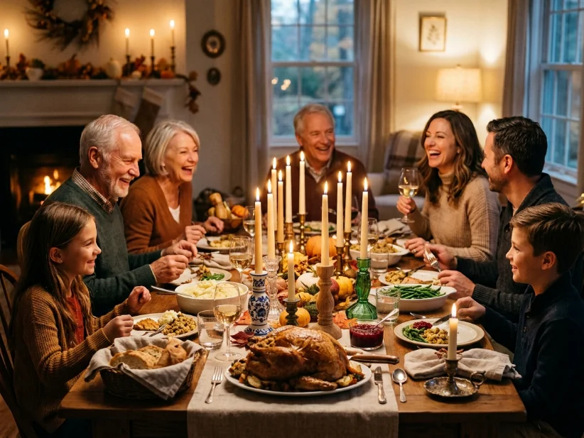 Thanksgiving table illuminated by warm candlelight.