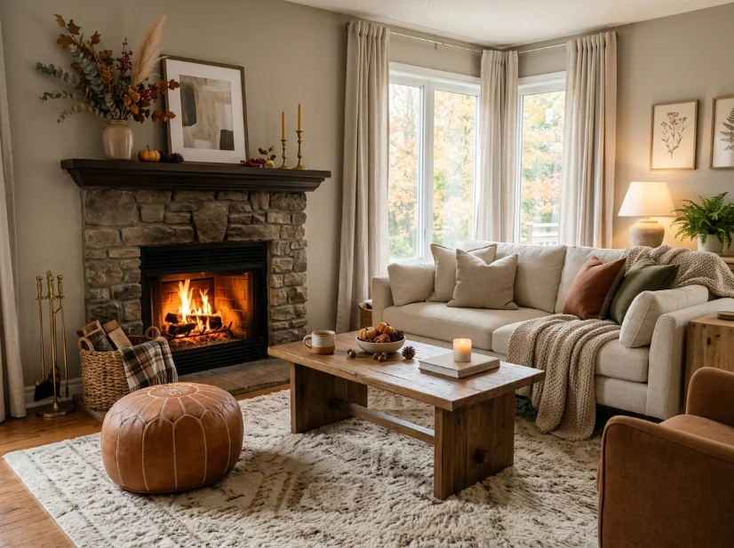 Caramel faux leather pouf in a cozy neutral fall living room