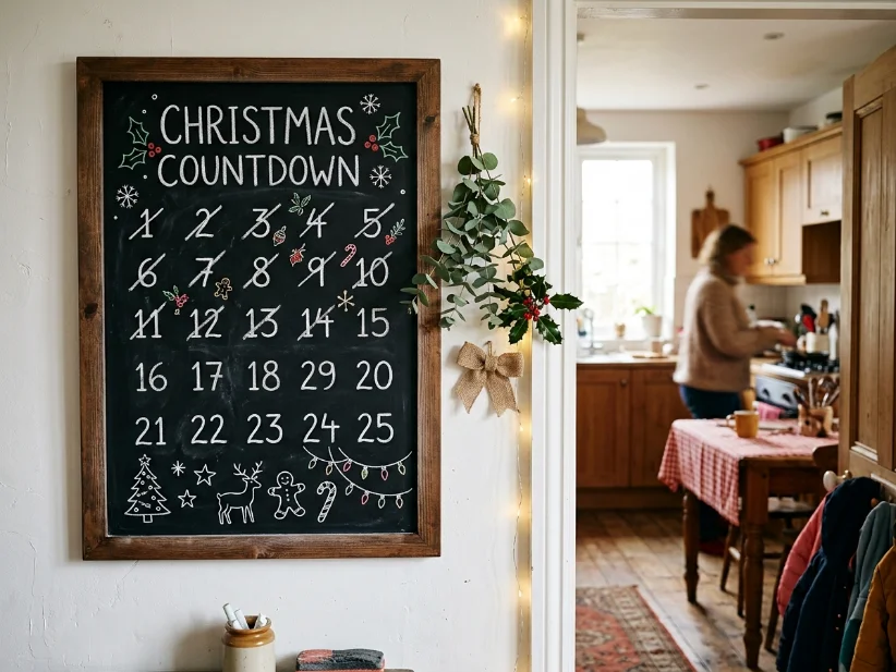 Christmas countdown chalkboard used as festive wall decor