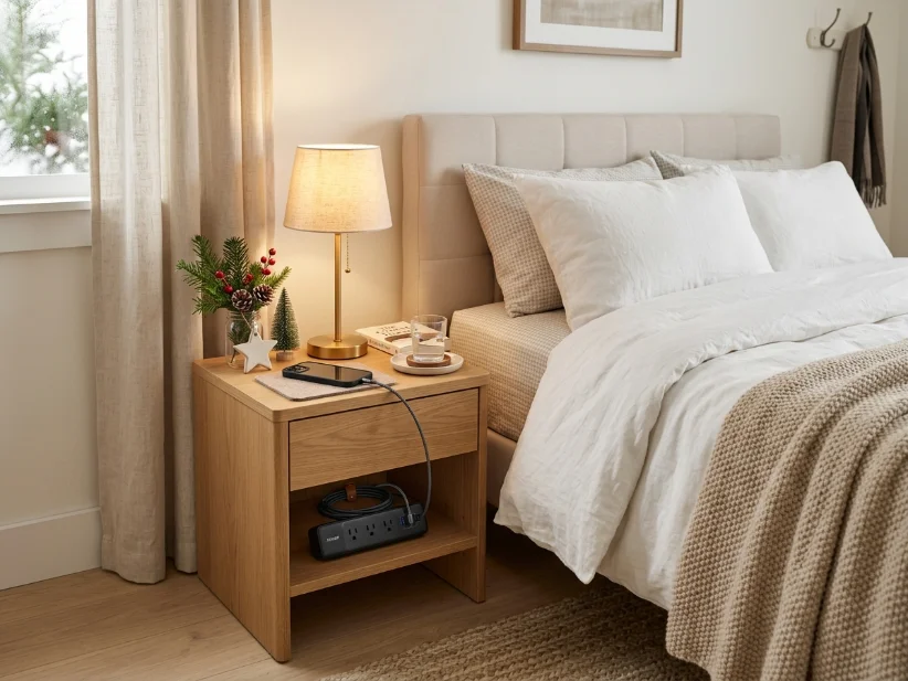 Guest room nightstand with convenient phone charging station