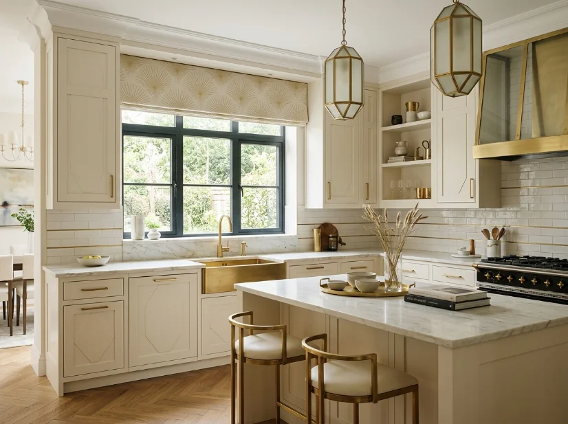 Sunburst patterned window valance in an Art Deco kitchen