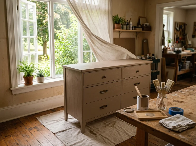 Refinished wooden dresser using a low-VOC furniture paint