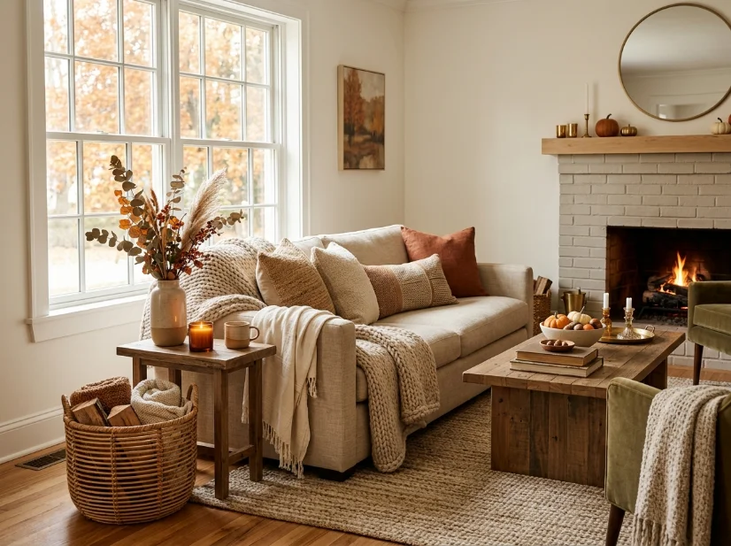 Cozy fall living room layered with wool, cotton, and natural-fiber textiles
