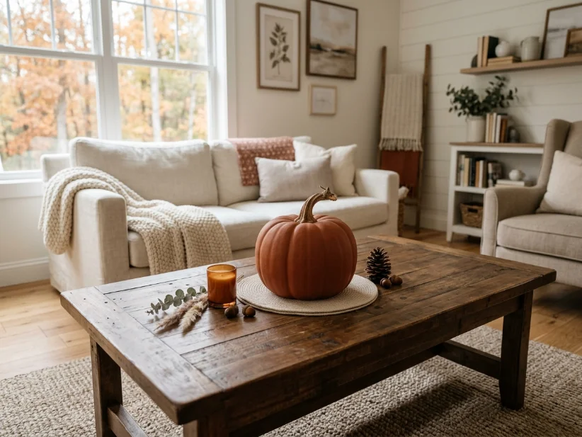 Matte ceramic pumpkin used as the statement piece in fall living room decor.