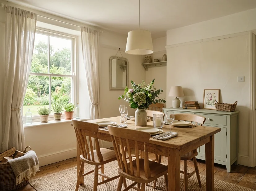Warm white dining room with creamy walls and soft cottage decor