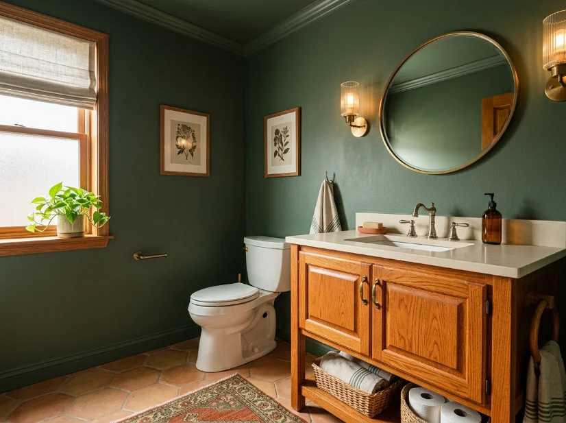 Deep warm green bathroom color chosen to complement an orange-toned oak vanity.