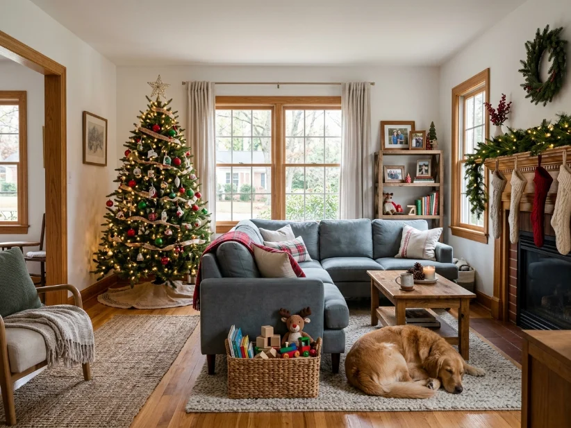 Christmas wall decor in a cozy family living room with kids and a dog