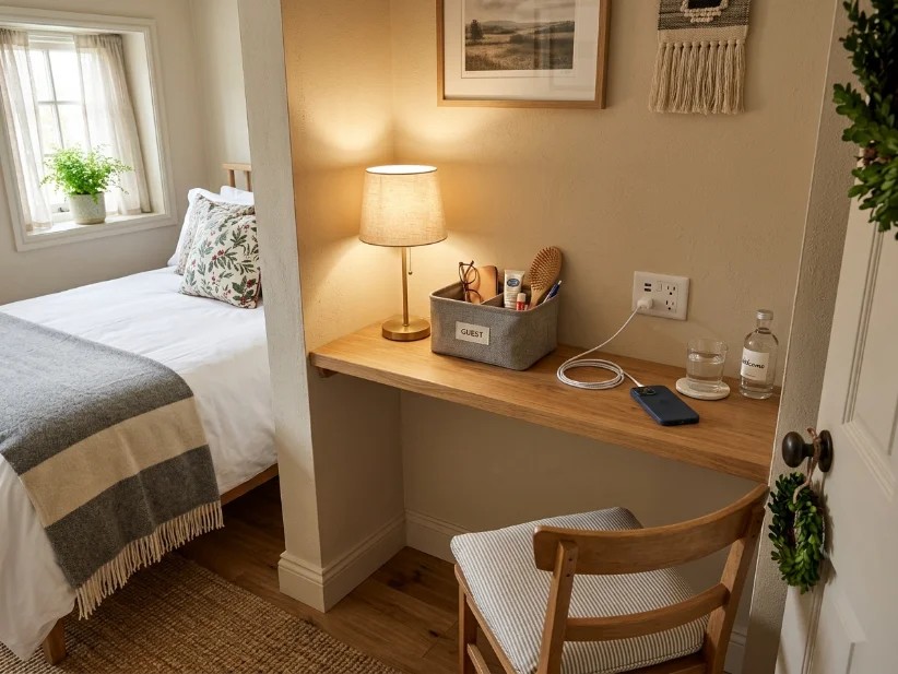 Clear guest surface with storage bin for personal belongings