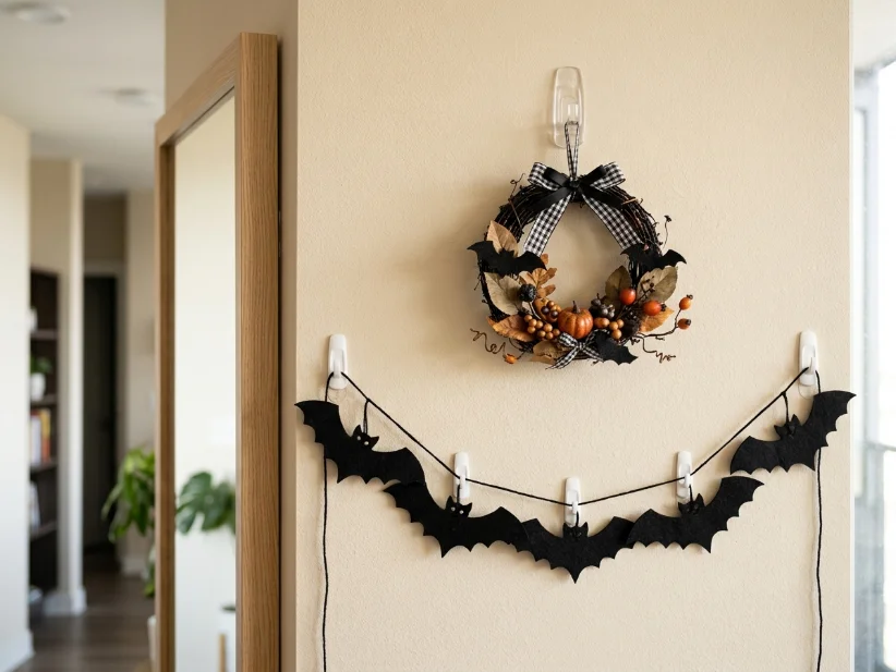 Command strips safely holding Halloween decorations on an apartment wall.