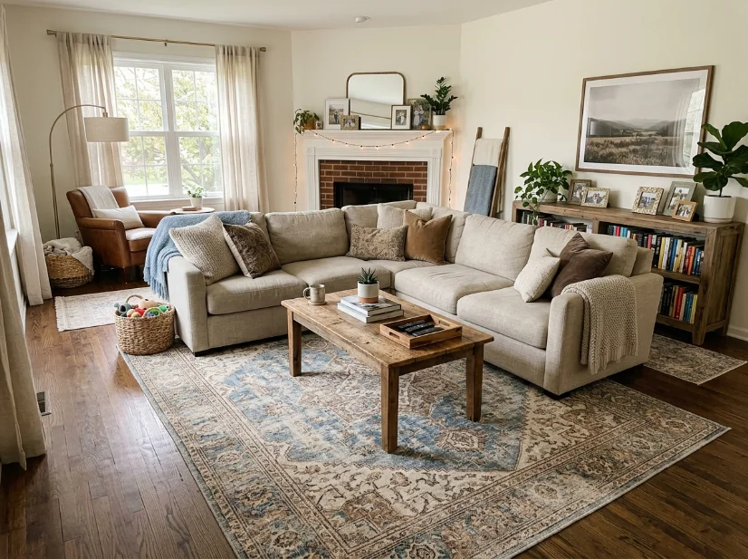 Vintage-style distressed rug adding character to a family living room