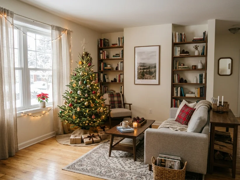 Cozy Christmas decor in a small apartment living room