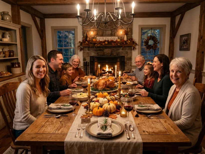 Cozy Thanksgiving dining room with a decorated fall tablescape.