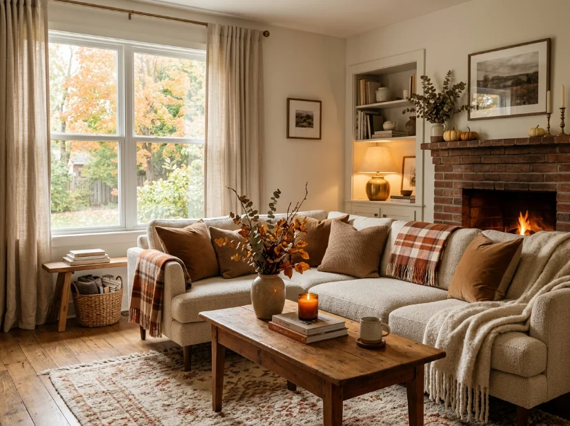 Cozy neutral living room with caramel accents and fall decor