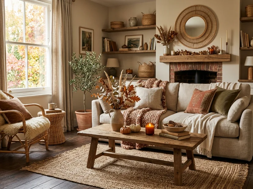Cozy sustainable fall living room with reclaimed wood furniture and natural textures