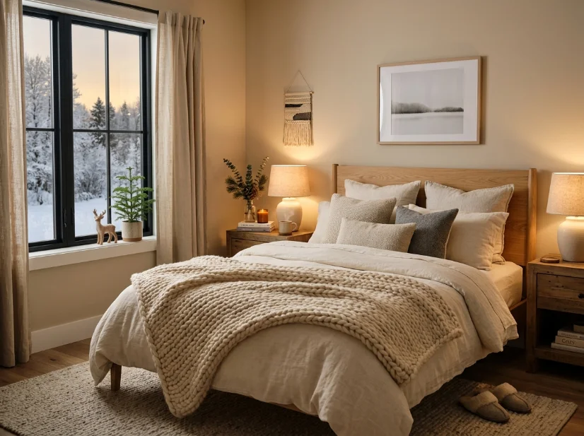 Cozy winter bedroom with warm colors, layered bedding, and soft evening lighting.