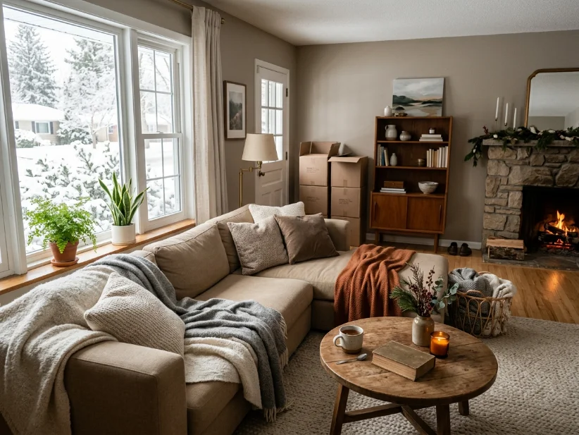 Cozy winter living room with a sectional sofa and warm neutral decor.