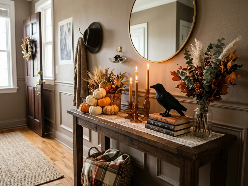 Small Halloween tabletop display for apartment entryway.