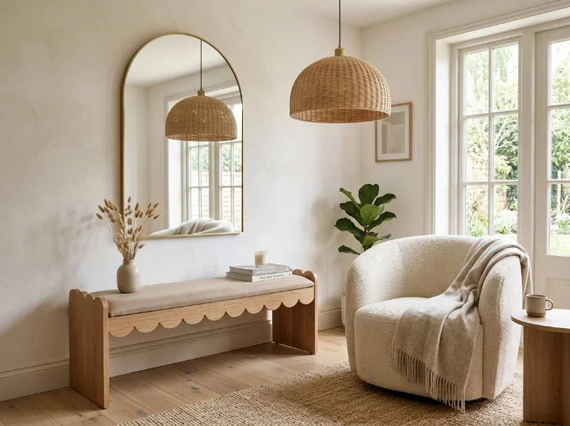 Curved mirrors, lighting, chairs, and benches in modern cottage decor