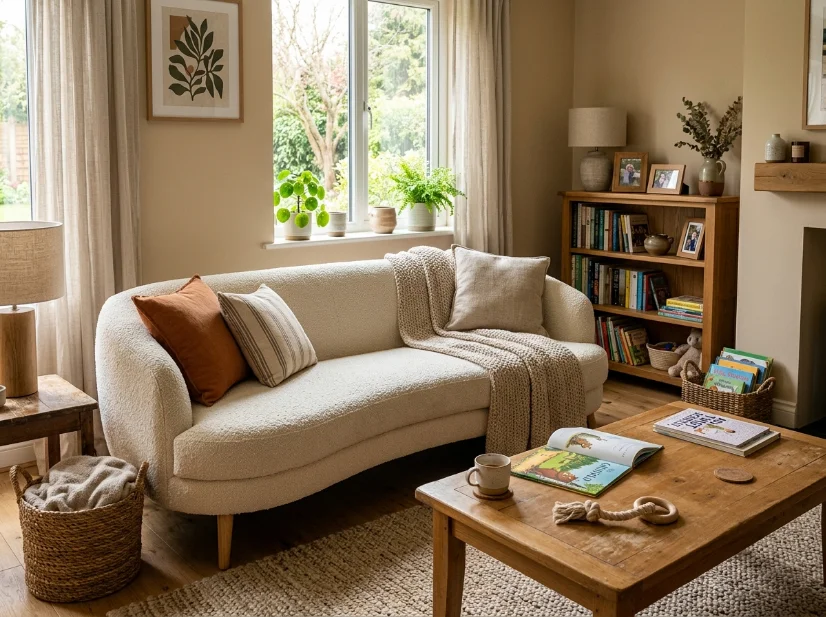 Durable curved sofa styled in a family-friendly living room