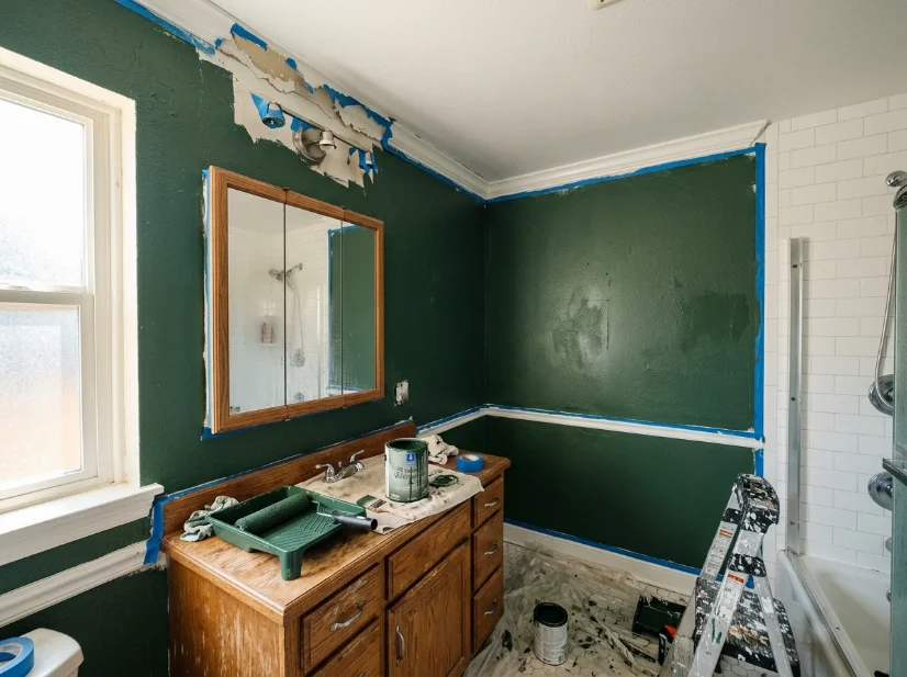 Painter's tape removing small areas of ceiling paint during a DIY bathroom makeover.