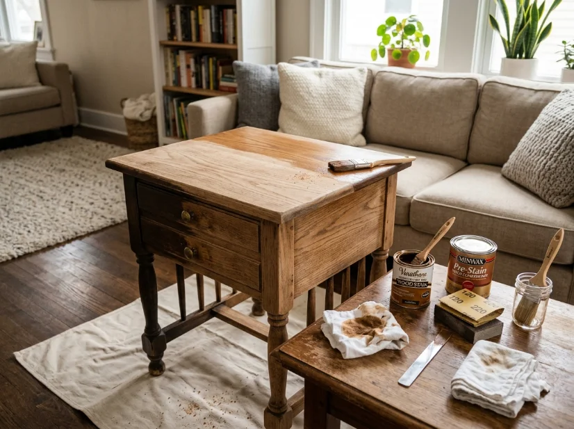 DIY side table makeover with caramel wood stain